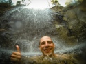 Swimming under a waterfall